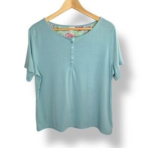 4/$20 Cherokee Aqua Henley Tee Floral Back Yoke Short Sleeve Top Large